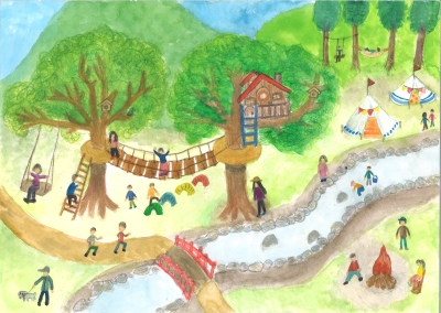 九重小学校 6年 渡辺凛子「小川(人工)とツリーハウスがある自然をいかした公園」