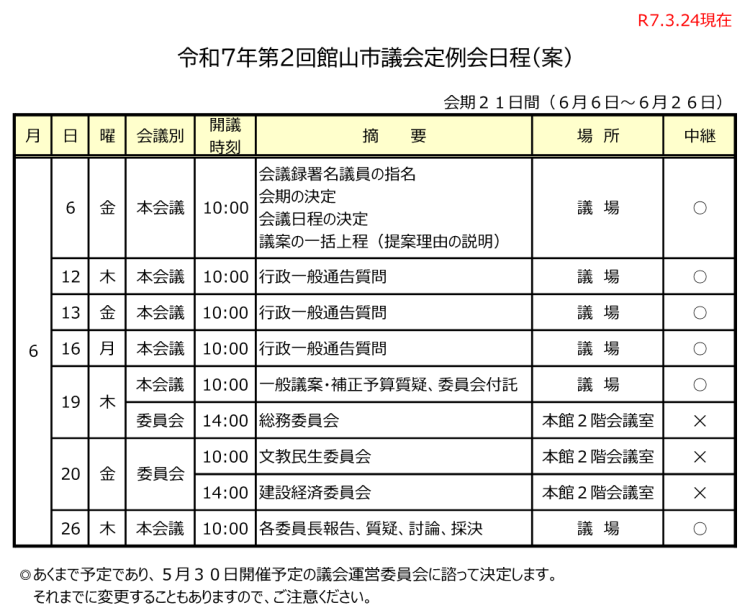 令和7年第2回市議会定例会日程（案）