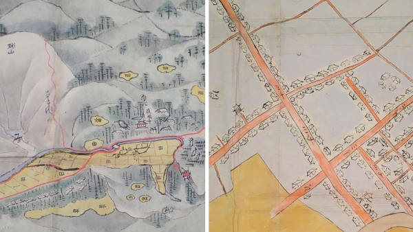 左　1811年「茂名村絵図」　右　1711年「館山町・長須賀村・北条村絵図」