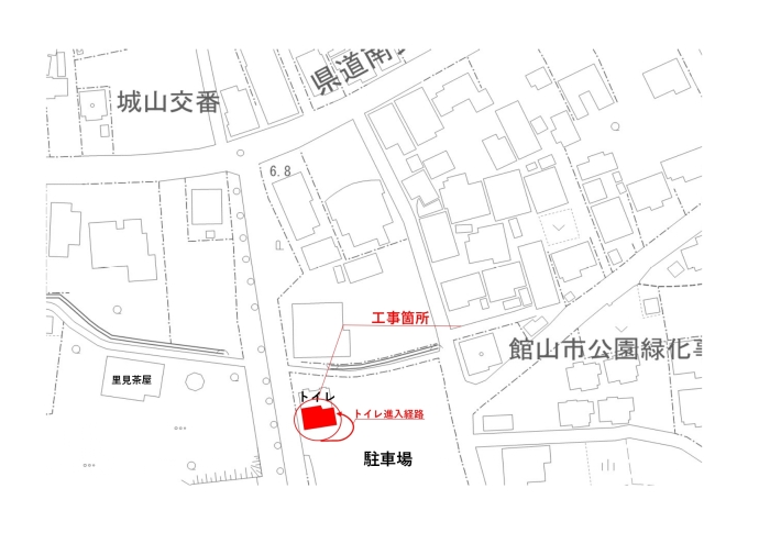 駐車場内のトイレ前の舗装を打ち替える工事を行います。 工事期間は一週間程度を予定しております。 なお、工事期間中も通常通りトイレを使用いただけます。 使用する際は交通誘導員の指示に従ってください。 ご迷惑をおかけしますが、何卒よろしくお願いします。　